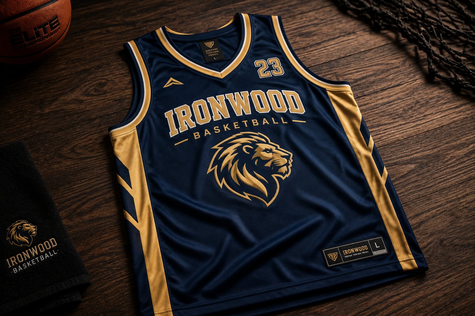 Navy and gold custom basketball jersey with team name, number and lion logo, next to a matching towel